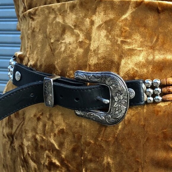 Vintage Boho Antiqued Silver Black Buckle Beaded Leather Belt - Picture 4 of 8